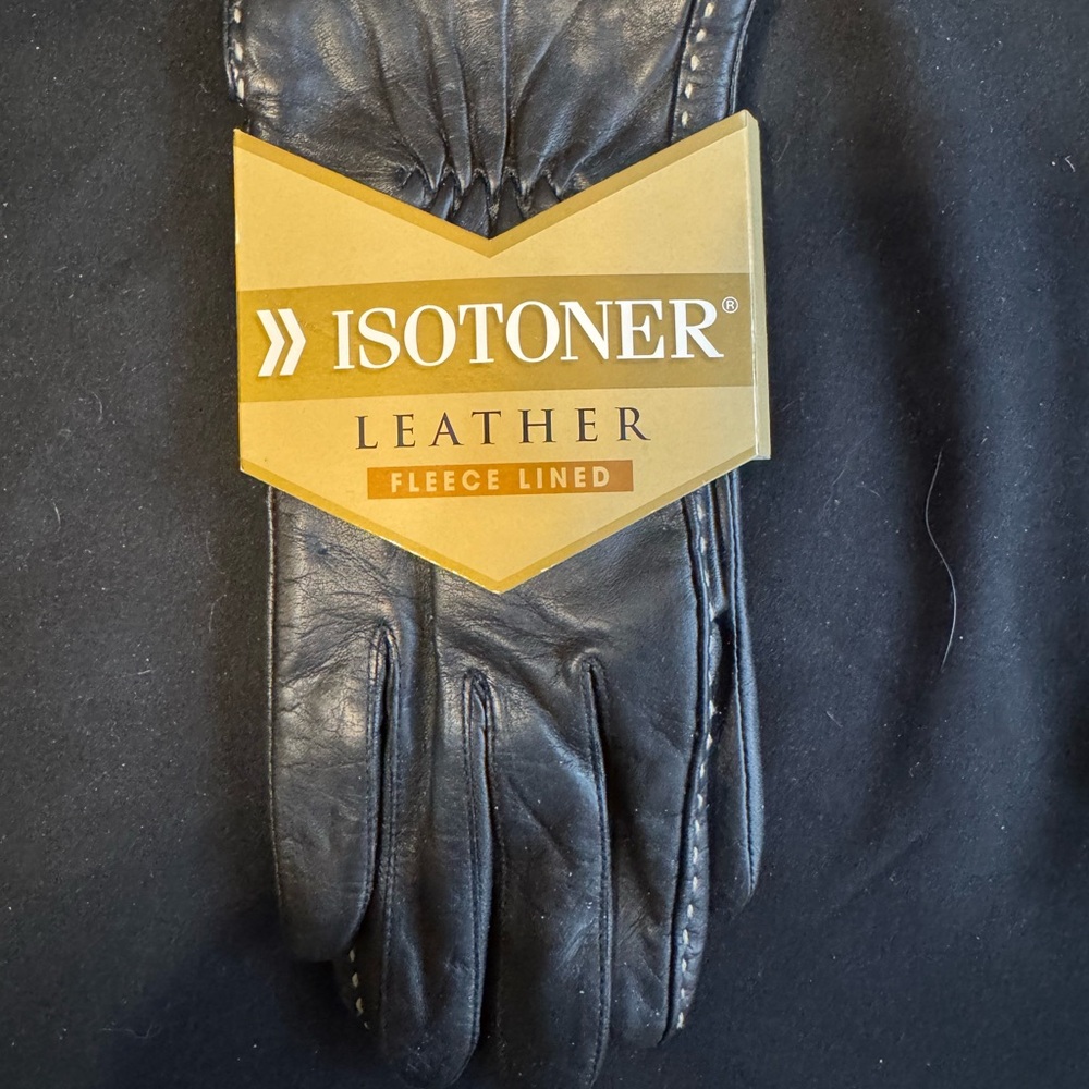Isotoner Black Leather Fleece-Lined Gloves Size 7